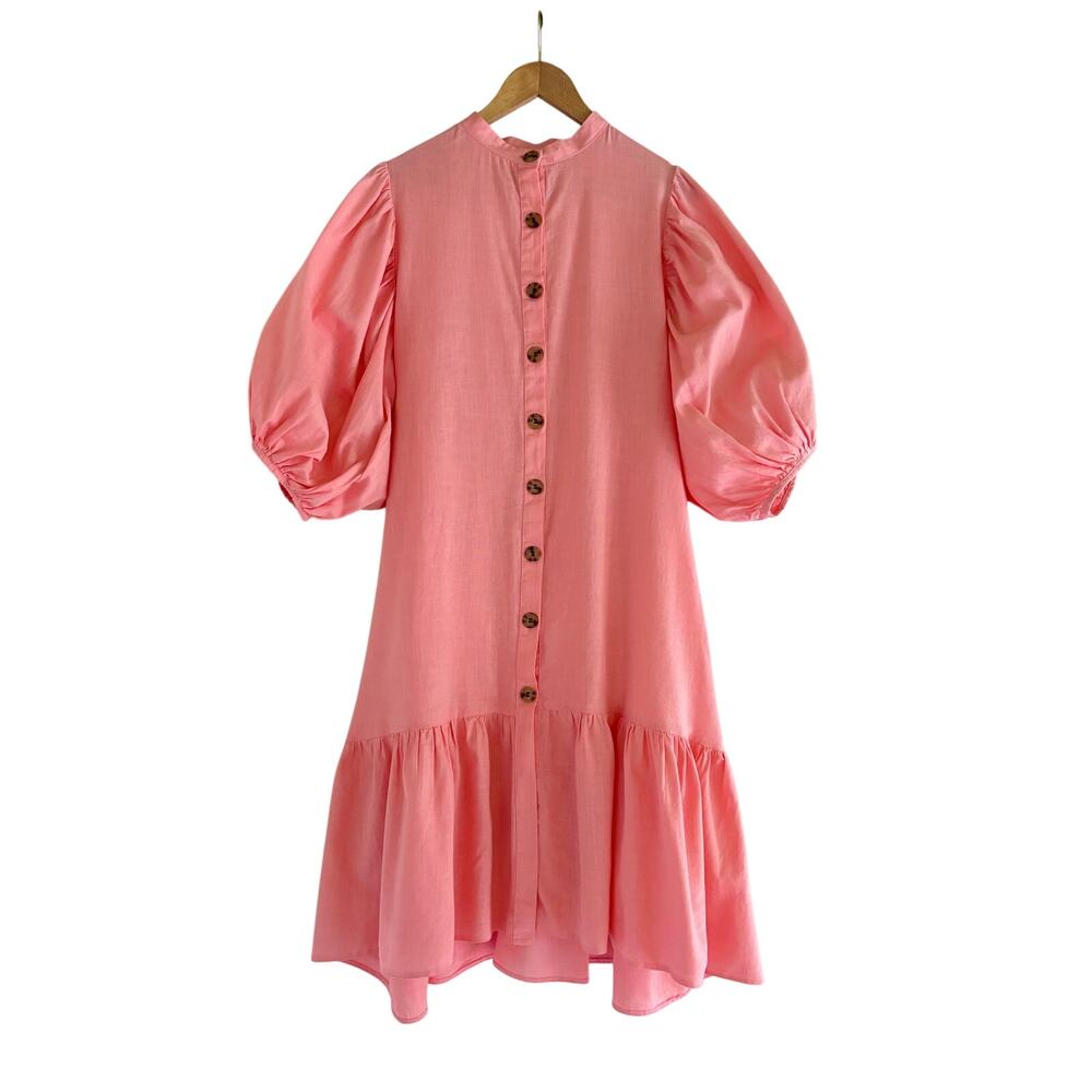 Vernaculo Handmade OOAK Pink Linen Puff Sleeve Dress- One Size, Made in Mexico
